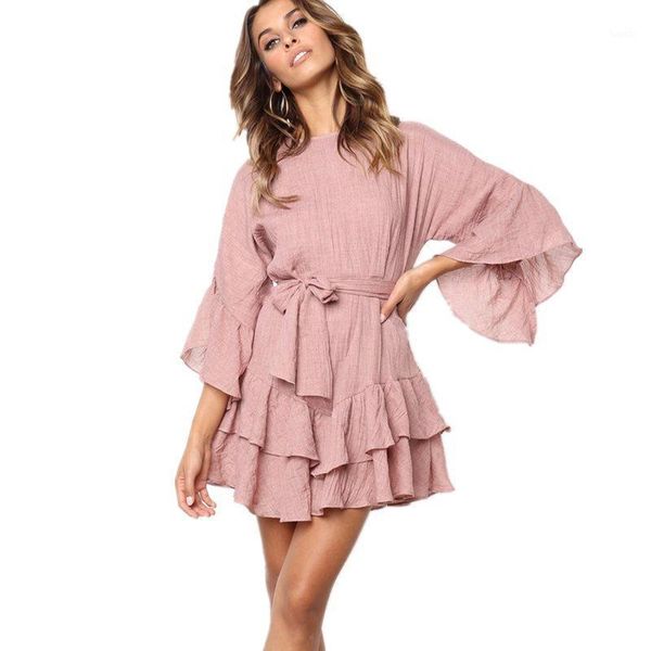 

lossky ruffles solid mini dress casual 3/4 sleeve o neck sashes women's spring summer eleagnt dresses a-line bow tie short dress1, Black;gray