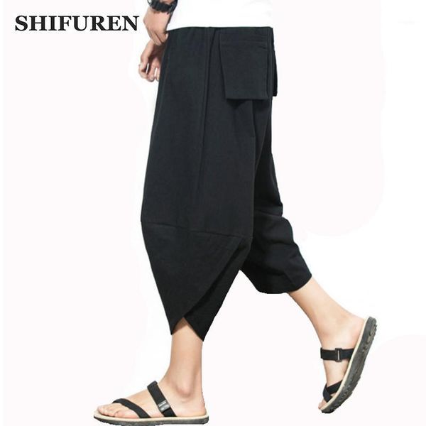 

shifuren summer 2020 casual cotton harem pants ankle-length men loose elastic waist large cropped trousers wide-legged bloomers1, Black