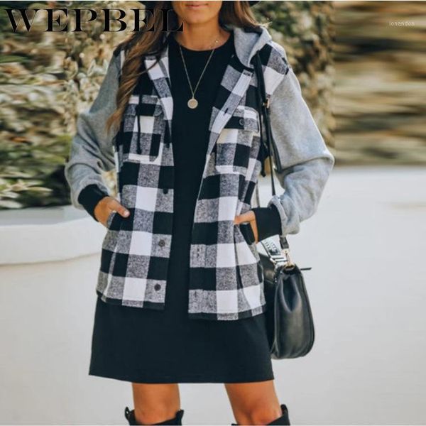 

women's jackets wepbel autumn winter loose plaid hooded coat women's casual long sleeve pocket single breasted cardigan coat1, Black;brown