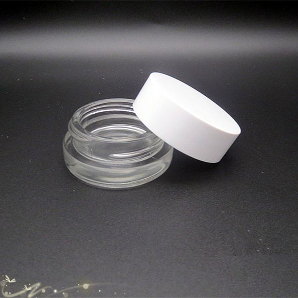 Hotting vendita 3g 5g vasetto di crema per gli occhi cosemtic in vetro con fondo spesso con coperchio bianco, 3ml 5ml contenitore per balsamo per labbra in vetro trasparente con bocca dritta vaso libero nave libera