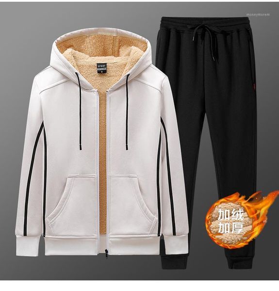 

men's tracksuits winter men set warm thick hooded jacket+pants 2pc sets lamb cashmere hoodies zipper tracksuit man sports suit plus siz, Gray