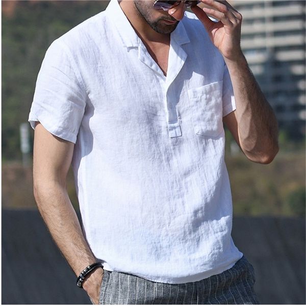 

summer men's pocket streetwear baggy cotton linen soid color short sleeve tee retro men half-cardigans casual t-shirt, White;black