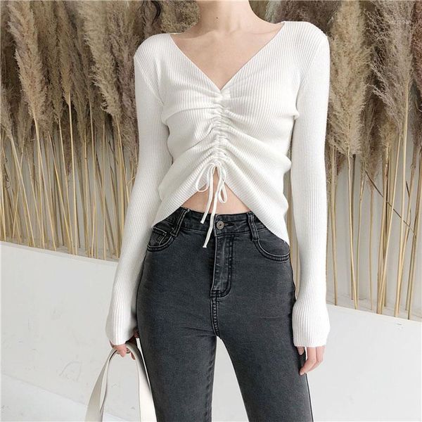 

autumn new women's v-neck drawstring short sweater korean long-sleeved sweater chic fashion woman tide gd0551, White;black