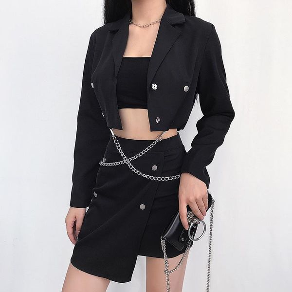 

2020 autumn women's crop blazers harajuku chic chain long sleeve notched casual blazers girls punk streetwear coats blazer1, White;black