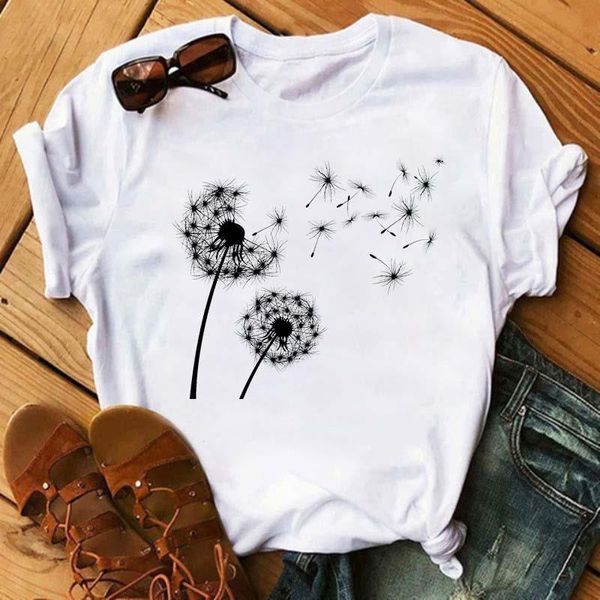 

new cute dandelion printed women t shirt cartoon graphic printed white ladies t-shirt casual woman shirt funny tees shir