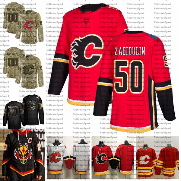 

2021 reverse retro customize #50 artyom zagidulin calgary flames jerseys golden edition camo veterans day fights cancer hockey jersey, Black;red