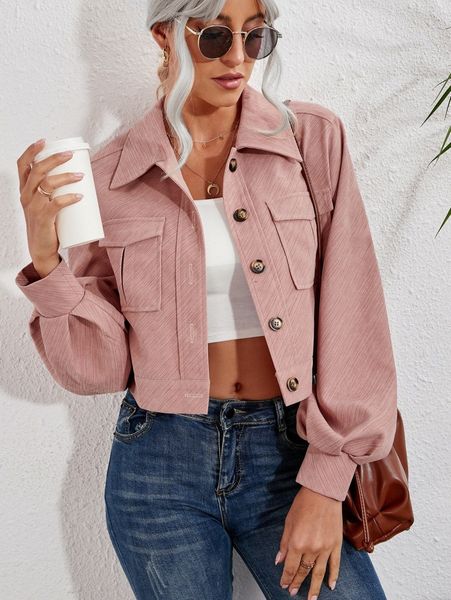 

single breasted flap pocket bishop sleeve crop jacket s0br#, Black;brown