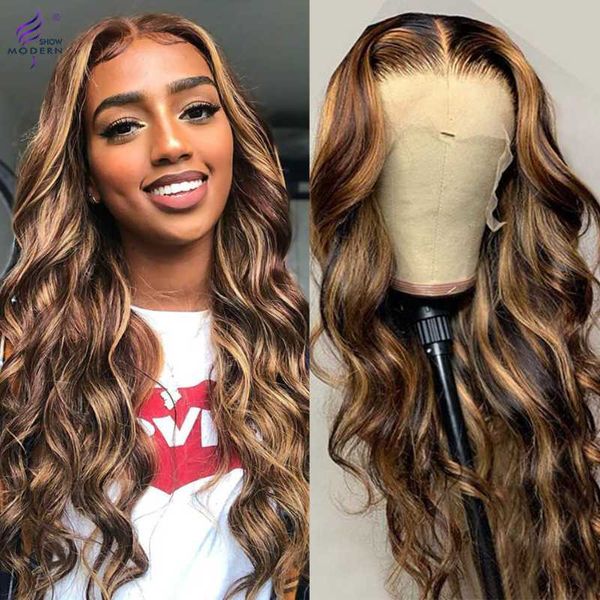 

lace wigs modern show brazilian 13x4 highlight body wave front 4/27 ombre colored remy human hair wig 150% density, Black;brown