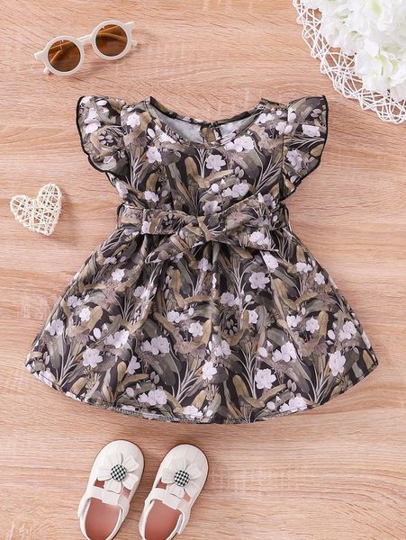 

baby allover floral print ruffle trim belted dress she, Red;yellow