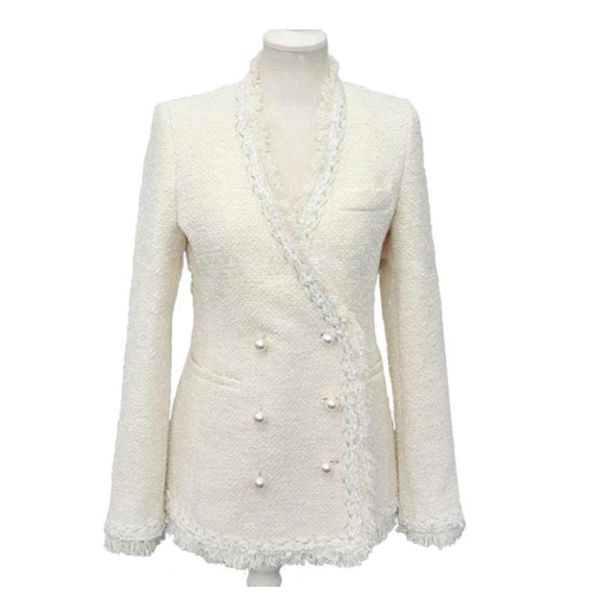 

brand ladies tweed velvet coats 2020 autumn winter new fashion v-neck pearls button tassel elegant women jackets gx976, Black;brown