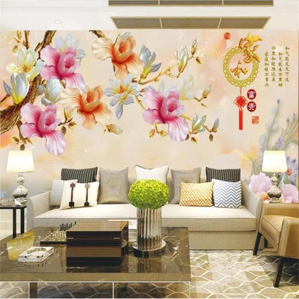 

custom wallpaper 3d murals chinese home and rich living room jade carving peony color carved magnolia tv background wall paper1