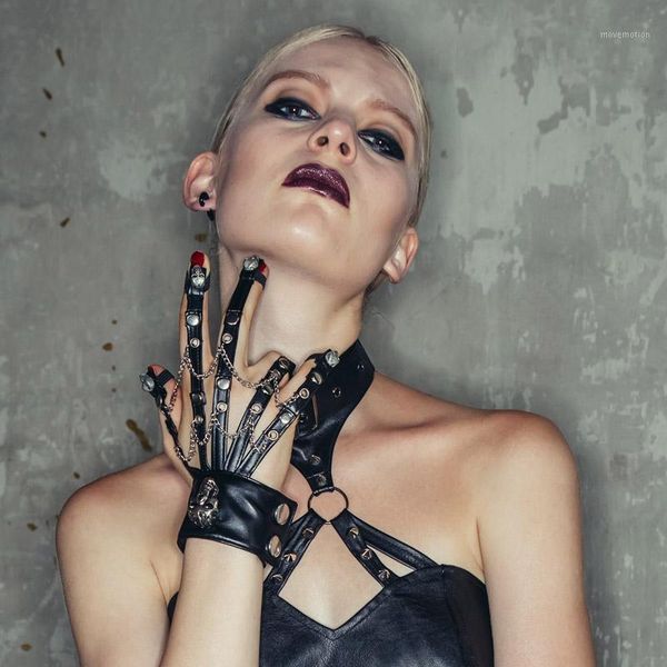 

punk steampunk female skeleton motorcycle leather gloves metal chains right hand bracelets women black wrist bracelet gloves1, Blue;gray