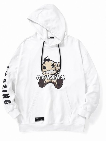 

men cartoon & letter graphic kangaroo pocket hoodie y7ii#, Black