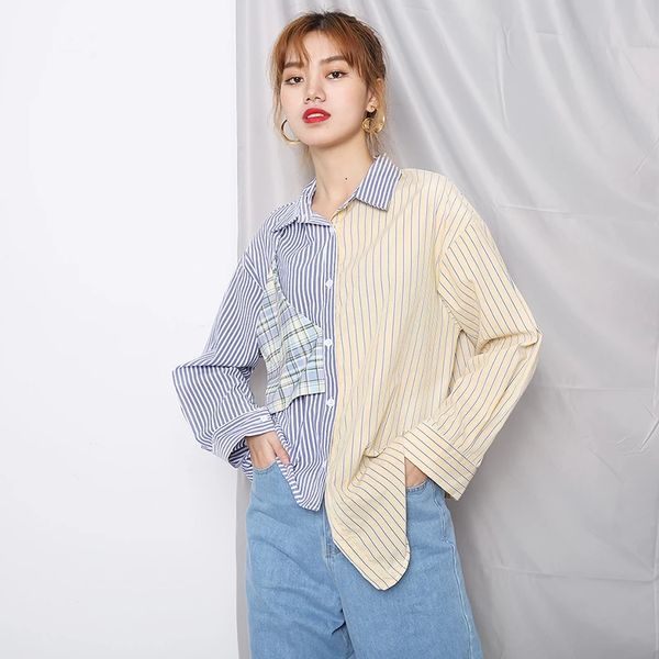 

women blue striped plaid big size blouse new lapel long sleeve loose fit shirt fashion tide spring autumn 2021, White
