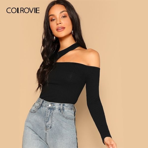 Colrovie Preto Assimétrico Recorte Pescoço Ribbed Slim Sexy Knit T-shirt das Mulheres Camisas de Manga Longa Streetwear Top Feminino Tee 201028