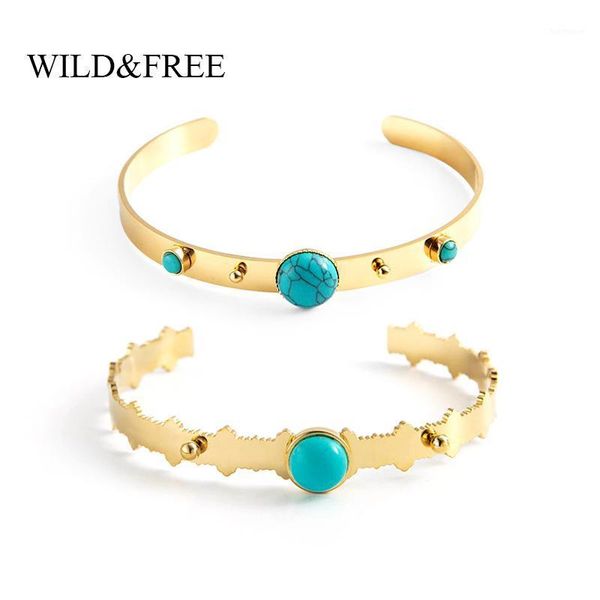 

wild&boho round blue stone bangles for women wide gold adjustable open bangle bracelets stainless steel jewelry1, Black
