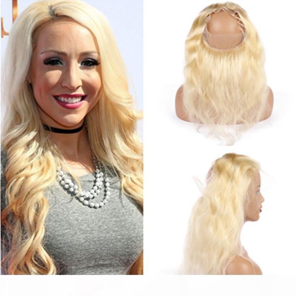 

russian blonde human hair full frontals body wave 360 band lace closure 613 blonde virgin hair 360 lace frontal pre plucked 22.5x4x2, Black;brown