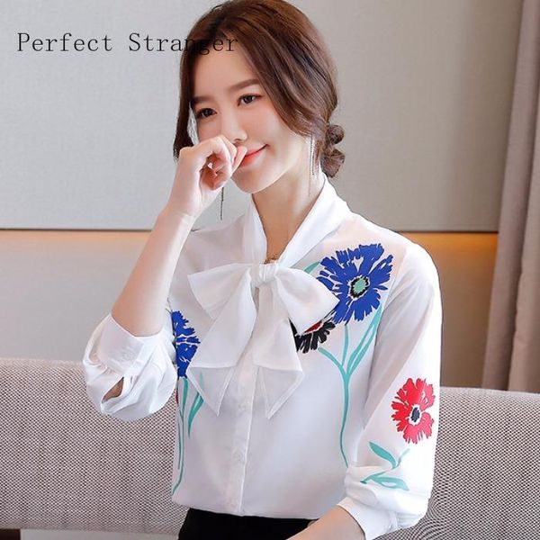 

women's blouses & shirts 2021 autumn arrival bow collar printed long sleeve women chiffon blouse, White