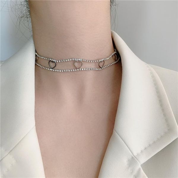 

chokers srcoi simple fashion double layer rhinestone love short necklace temperament clavicle chain heart-shaped women party jewelry, Golden;silver