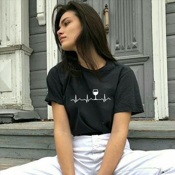 

wine heartbeat wine drinker t shirt women casual cloth o neck female t shirt lady yong girl tee bar, White