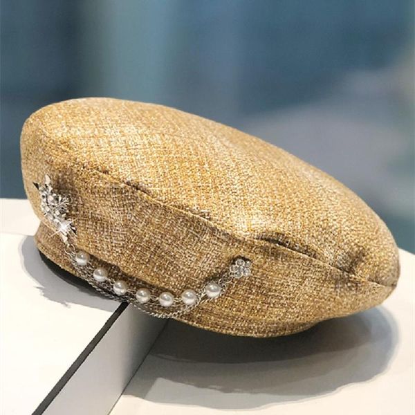 

wide brim hats european and american fashion pearl rhinestone hat female japanese small fresh chain painter autumn winter art plaid ber, Blue;gray