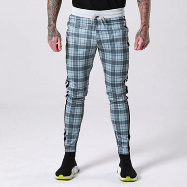 

vogue fashion lattice joggers men casual sport plaid print drawstring elastic waist long fitness pant trousers, Black