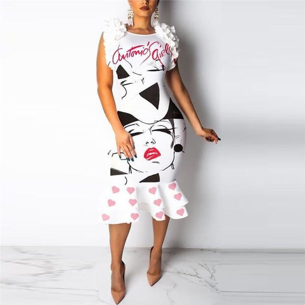 

fashion face print summer dress 2019 ruffles bodycon mermaid dress women back split party dresses white vestidos de verano1, Black;gray