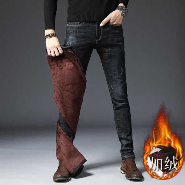 

men's jeans boutique small leg with velvet thickening warm qiu dong han edition cultivate morality outside winter wear trousers, Blue