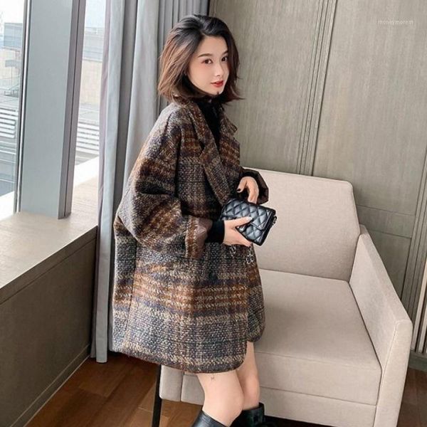 

women's wool & blends winter woolen coat korean overcoat women's jacket thick warm 2021 vintage loose female double breasted turn-, Black