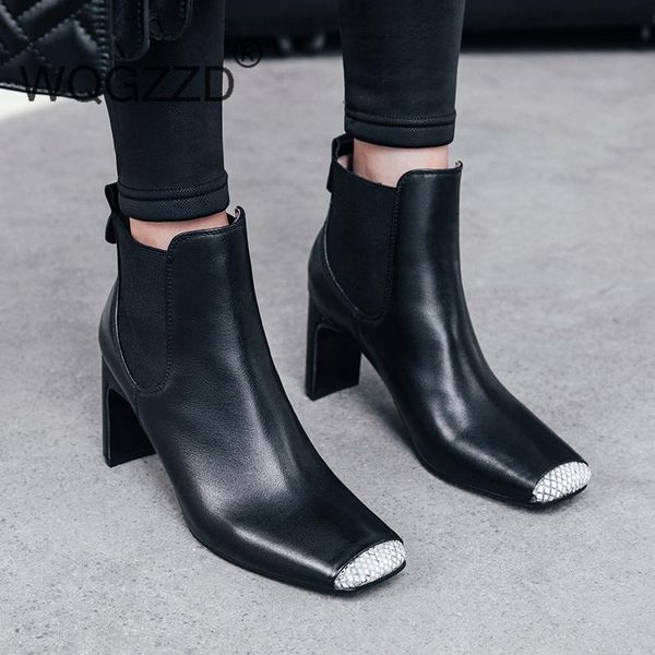 

high heels shoes women's ankle boots cow leather square toe new winter motorcycle boots women's shoes botas mujer, Black