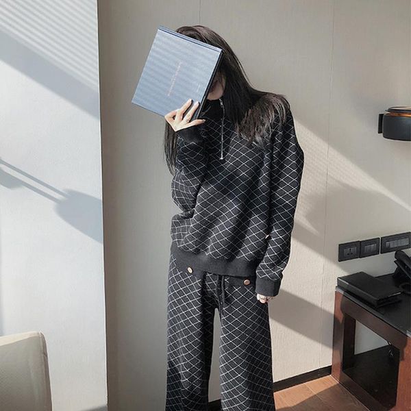 

новая мода зимняя женская утолщение теплый вязаный пуловер свитер из двух частей костюмы + высокая талия свободные широкие ноги брюки леди, Gray