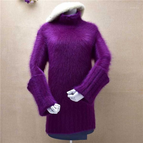 

ladies women fashion hairy mink cashmere knitted x-long striped sleeved turtleneck pullover angora hair jumper winter, White;black