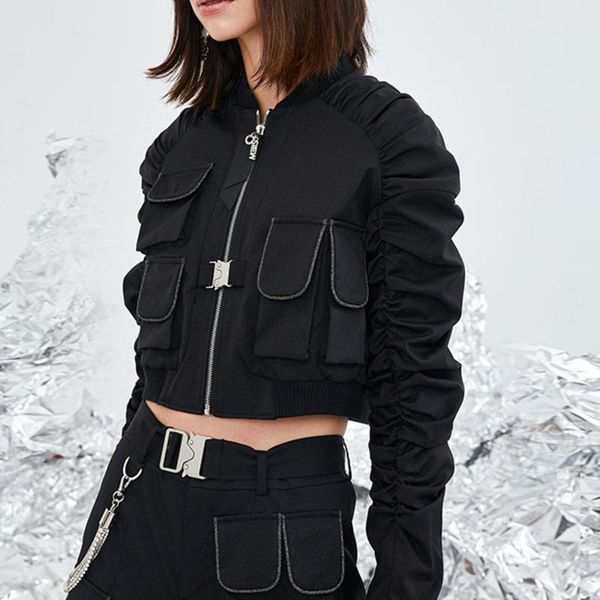 

autumn winter 2021 streetstyle short zipper moto biker cropped jackets women stand collar long sleeve coat boyfriend style, Black;brown