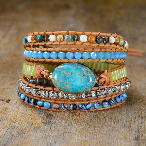 

boho bracelet imperial jasper bracelet natural stones charm 5 strands wrap bracelets handmade jewelry dropshipping, Golden;silver