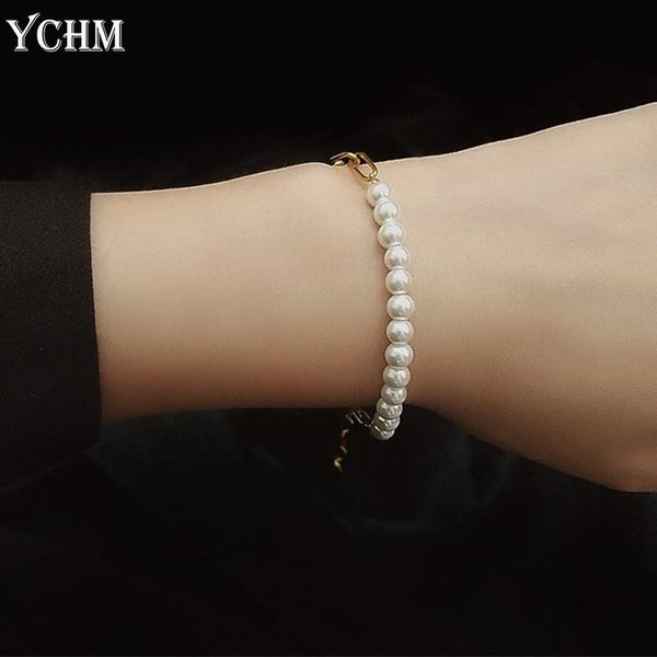 

beaded, strands pearl chain bracelet for women stainless steel link 2021 charm jewelry korean bracelets ychm, Black