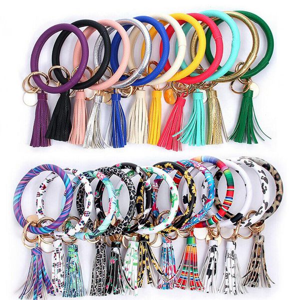 

plaid 46styles leopard leather bracelet bufflao chain pu round key ring tassel pendant wristband keychain bracelets ljja, Silver