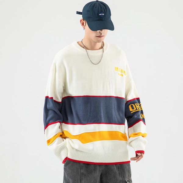 

men's sweaters 2021 casual loose for men korean o neck oversized knitted harajuku vintage striped man sweater preppy style, White;black