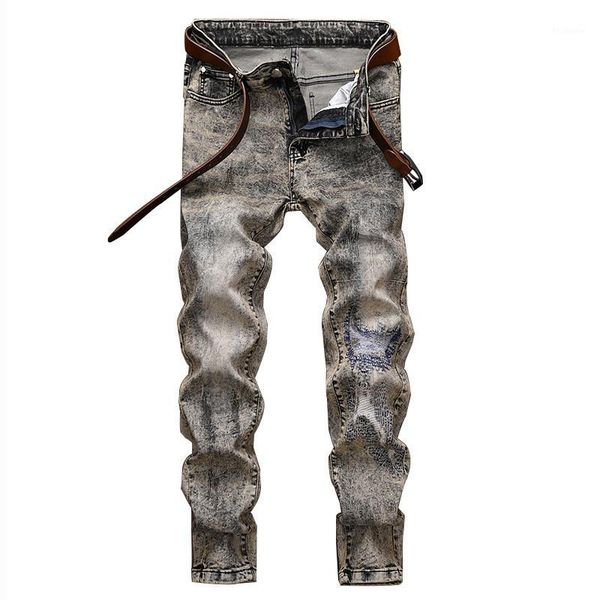 

moruancle fashion men's vintage ripped jeans pants with holes stretch distressed denim trousers retro torn jeans straight fit1, Blue