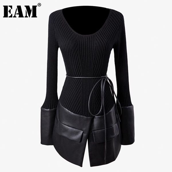 

eam] spliced pu leather knitting sweater loose round neck long sleeve women pullovers new fashion autumn winter 2021 1dd2424, White;black