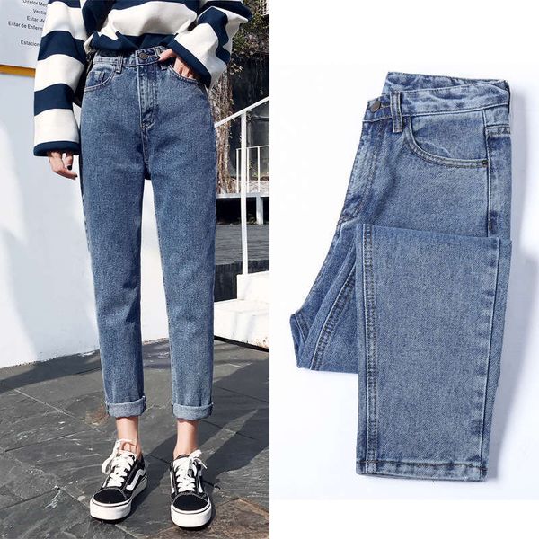 

hong kong style harlem jeans 2019 new women's high waist loose wide leg trend dad pants women, Blue