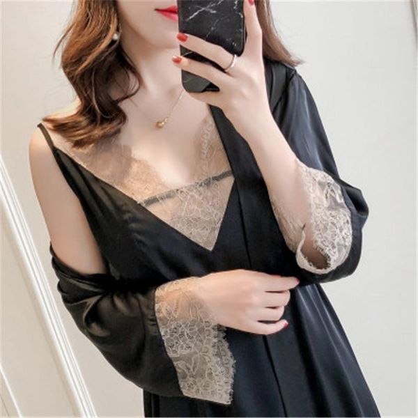 

women's sleepwear evening wear sleep set faux silk robe femme lingerie women lace kimono negligee gown satin solid wedding womens, Black;red