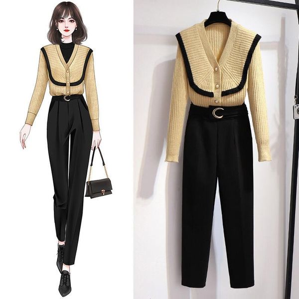 

2021 women autumn winter slim two piece set female v-neck sweater + high waist straight pants suit lady casual plus size set i97, Gray