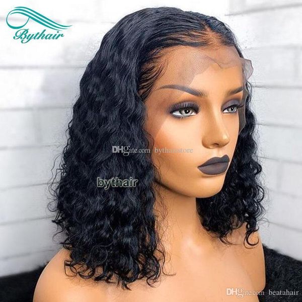 

bythair pre plucked short bob full lace human hair wigs for black women wet wavy lace front wig with baby hair bleached knots, Black;brown
