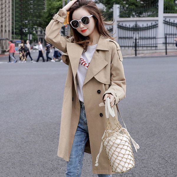 

ailegogo new sping autumn women khaki trench coat fashion streetwear double breasted coats loose fit black ladies outwear 201031, Tan;black