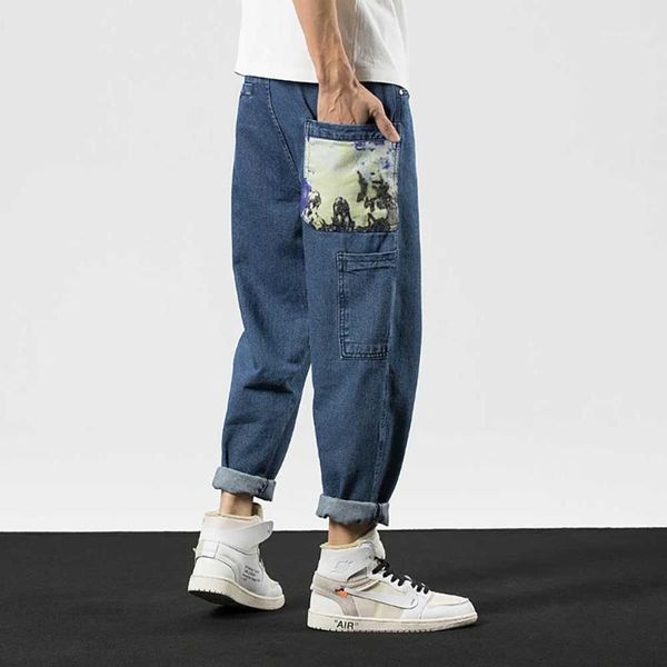 

retro harem jeans man patch pocket denim pants loose baggy hip hop trousers casual joggers jeans pants men clothing1, Blue