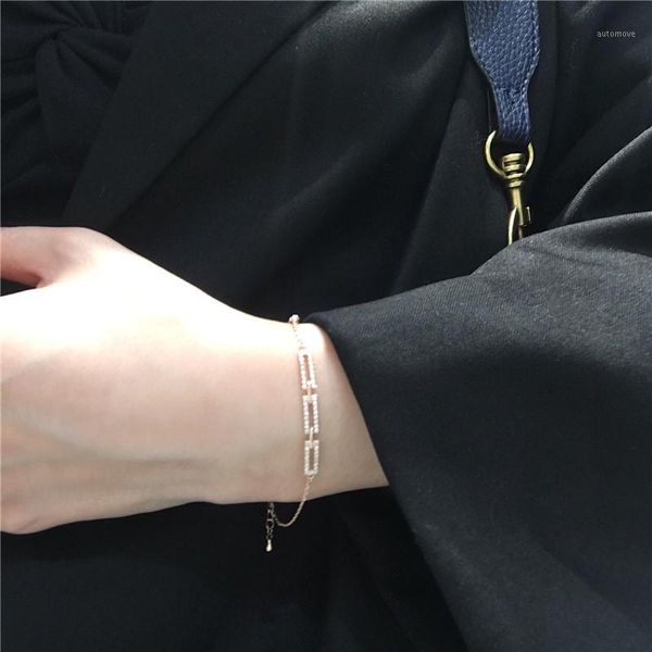 

muhan individuality square hollow zircon bracelet bangle for women girls adjustable bracelets link chain jewelry female gifts1, Golden;silver
