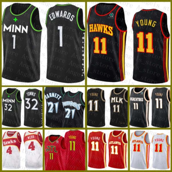 

1 edwards karl-anthony 32 towns 21 garnett trae 11 young spud 4 webb minnesota timberwolves atlanta hawk basketball jersey black, Black;red