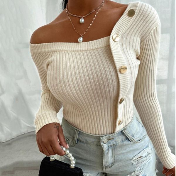 

solid kintted bodycon korean sweater one shoulder long sleeve single breasted all-match pullover sweater spring blusas1, White;black