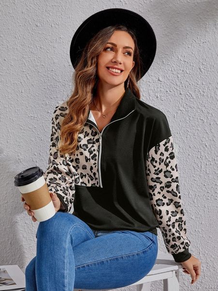 

emery rose leopard print drop shoulder half zip sweatshirt n5zh#, White;black