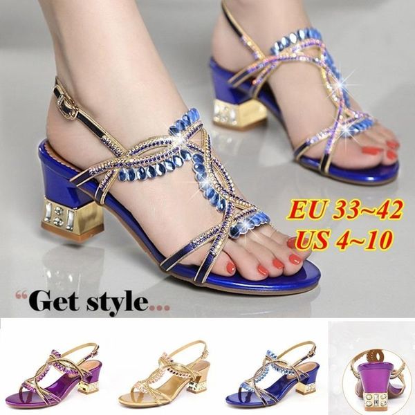 

size 33-42 women's fashion summer high heel shoes rhinestone thick heels sandals wedge open toe crystal silppers, Black